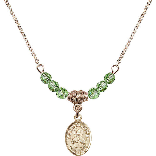 14kt Gold Filled Saint John Vianney Birthstone Necklace with Peridot Beads - 9282