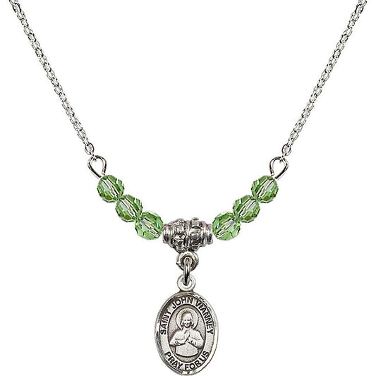 Sterling Silver Saint John Vianney Birthstone Necklace with Peridot Beads - 9282