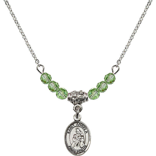 Sterling Silver Saint Angela Merici Birthstone Necklace with Peridot Beads - 9284