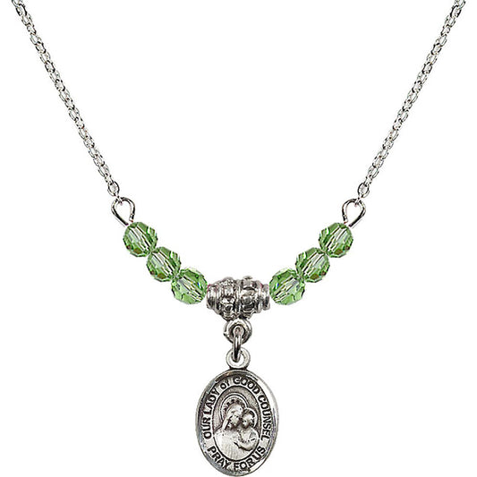 Sterling Silver Our Lady of Good Counsel Birthstone Necklace with Peridot Beads - 9287