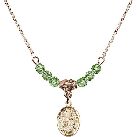 14kt Gold Filled Our Lady of Lourdes Birthstone Necklace with Peridot Beads - 9288