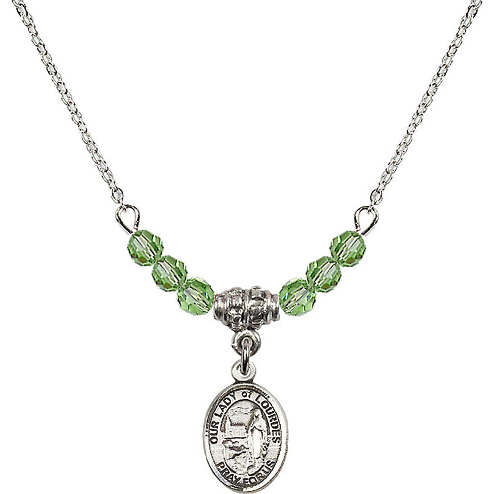 Sterling Silver Our Lady of Lourdes Birthstone Necklace with Peridot Beads - 9288