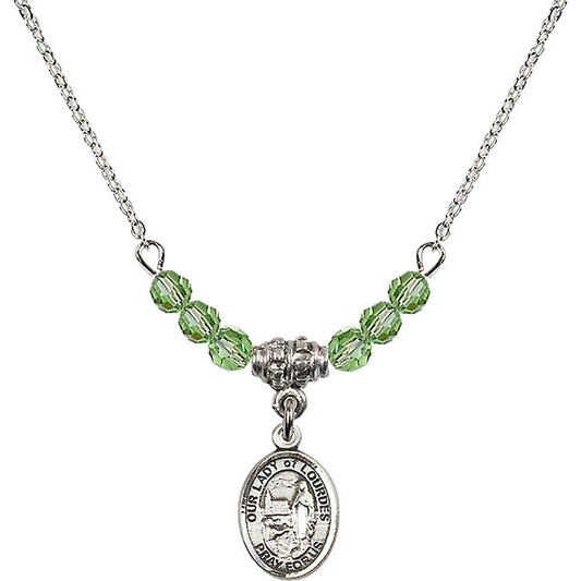 Sterling Silver Our Lady of Lourdes Birthstone Necklace with Peridot Beads - 9288