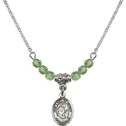 Sterling Silver Our Lady of Mercy Birthstone Necklace with Peridot Beads - 9289