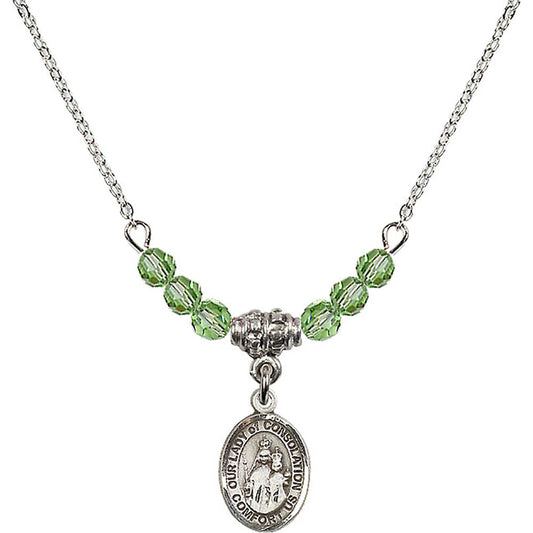 Sterling Silver Our Lady of Consolation Birthstone Necklace with Peridot Beads - 9292