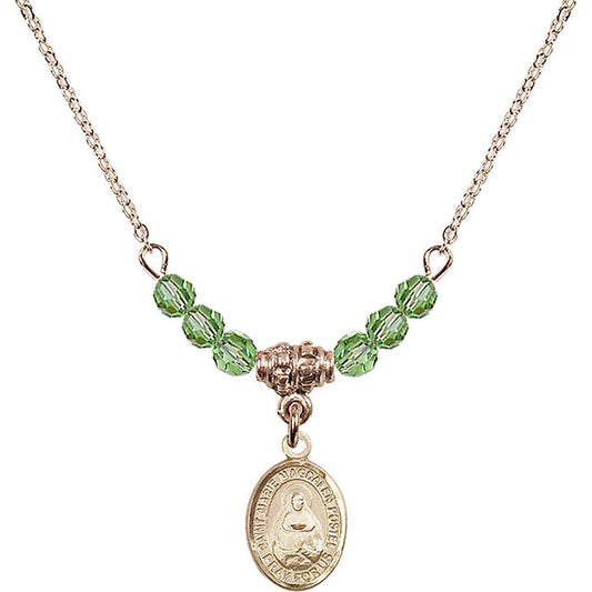 14kt Gold Filled Saint Marie Magdalen Postel Birthstone Necklace with Peridot Beads - 9294