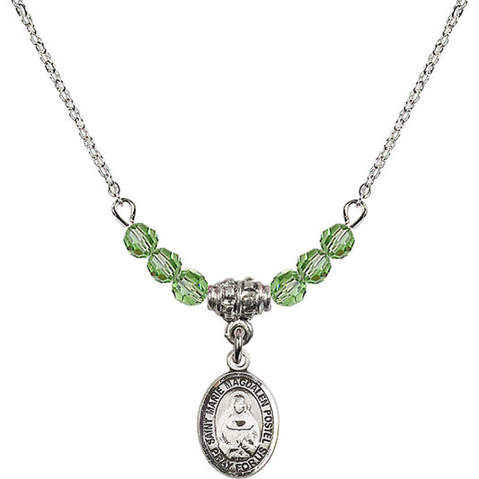 Sterling Silver Saint Marie Magdalen Postel Birthstone Necklace with Peridot Beads - 9294