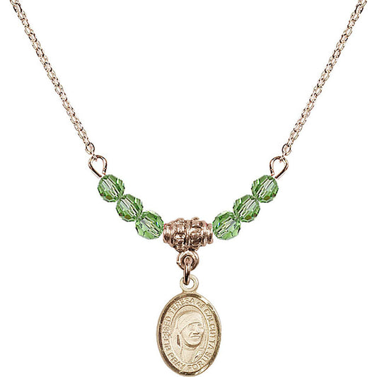 14kt Gold Filled Saint Teresa of Calcutta Birthstone Necklace with Peridot Beads - 9295