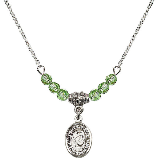 Sterling Silver Saint Teresa of Calcutta Birthstone Necklace with Peridot Beads - 9295