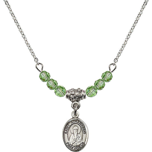 Sterling Silver Saint Athanasius Birthstone Necklace with Peridot Beads - 9296