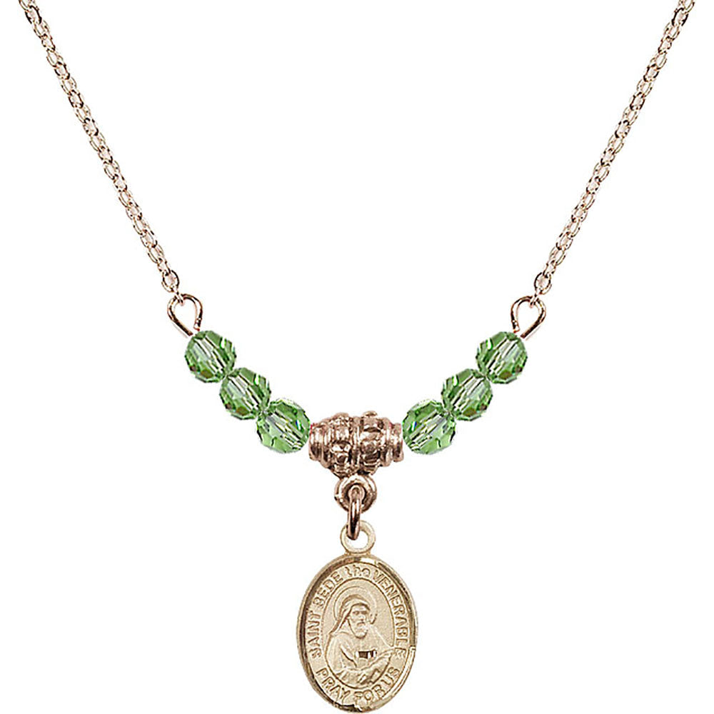 14kt Gold Filled Saint Bede the Venerable Birthstone Necklace with Peridot Beads - 9302