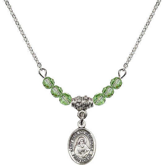 Sterling Silver Saint Bede the Venerable Birthstone Necklace with Peridot Beads - 9302