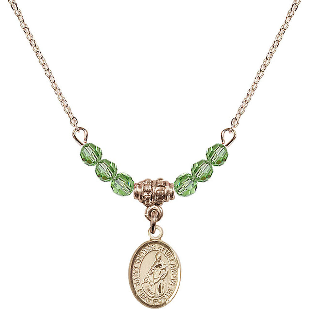 14kt Gold Filled Saint Thomas of Villanova Birthstone Necklace with Peridot Beads - 9304