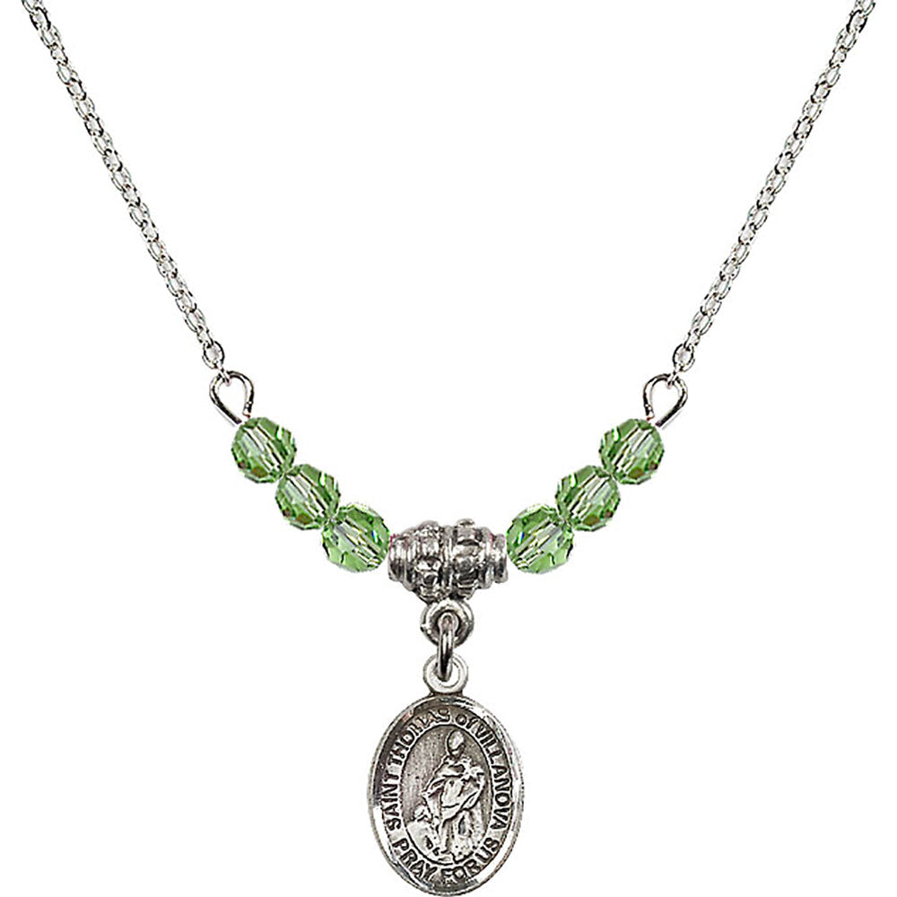 Sterling Silver Saint Thomas of Villanova Birthstone Necklace with Peridot Beads - 9304
