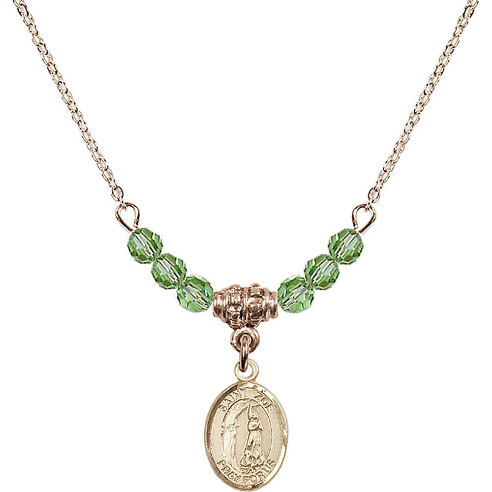 14kt Gold Filled Saint Zoe of Rome Birthstone Necklace with Peridot Beads - 9314