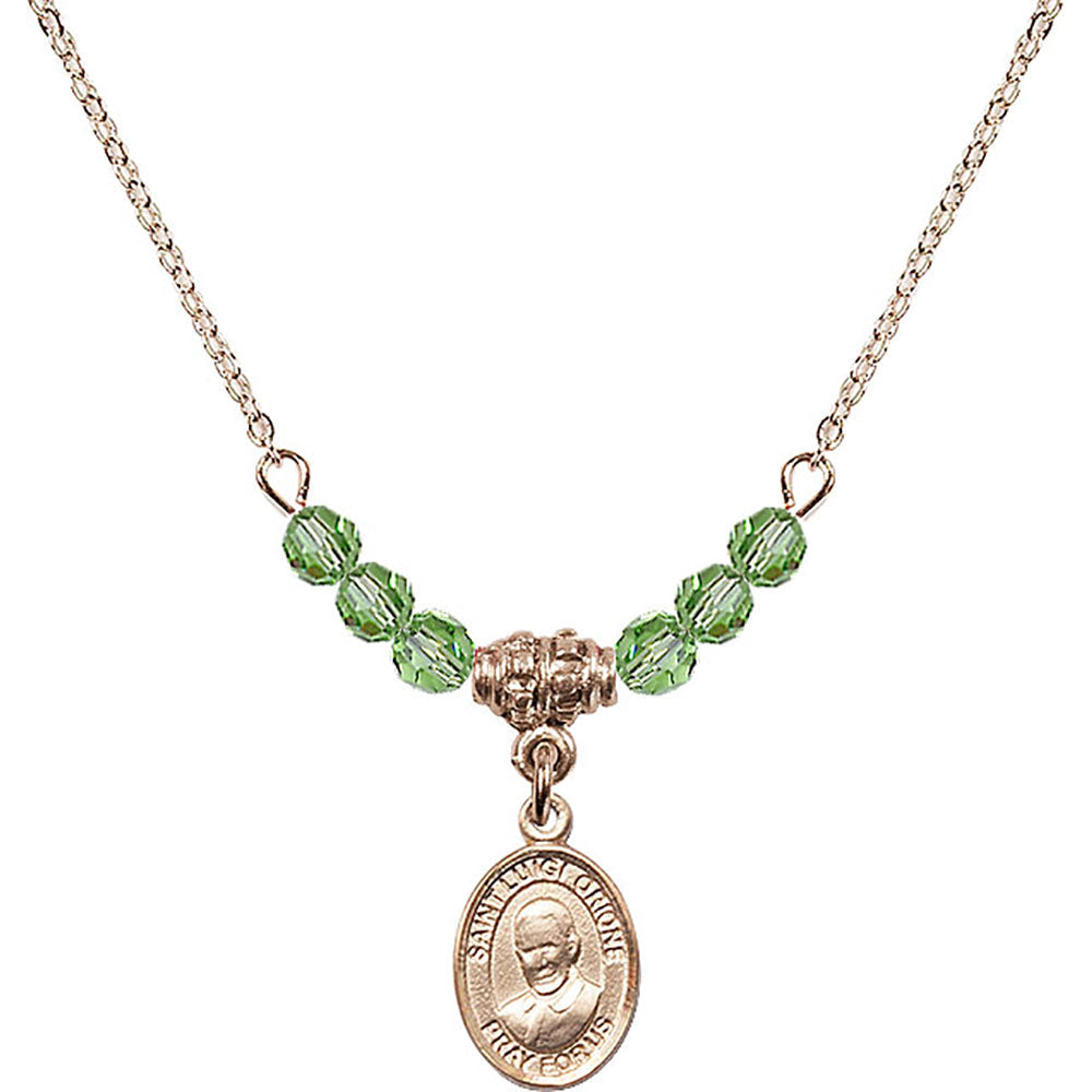 14kt Gold Filled Saint Luigi Orione Birthstone Necklace with Peridot Beads - 9326