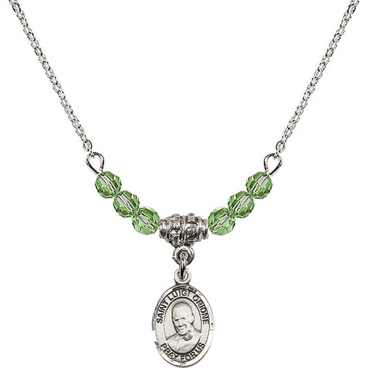 Sterling Silver Saint Luigi Orione Birthstone Necklace with Peridot Beads - 9326
