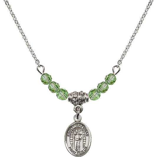 Sterling Silver Saint Matthias the Apostle Birthstone Necklace with Peridot Beads - 9331