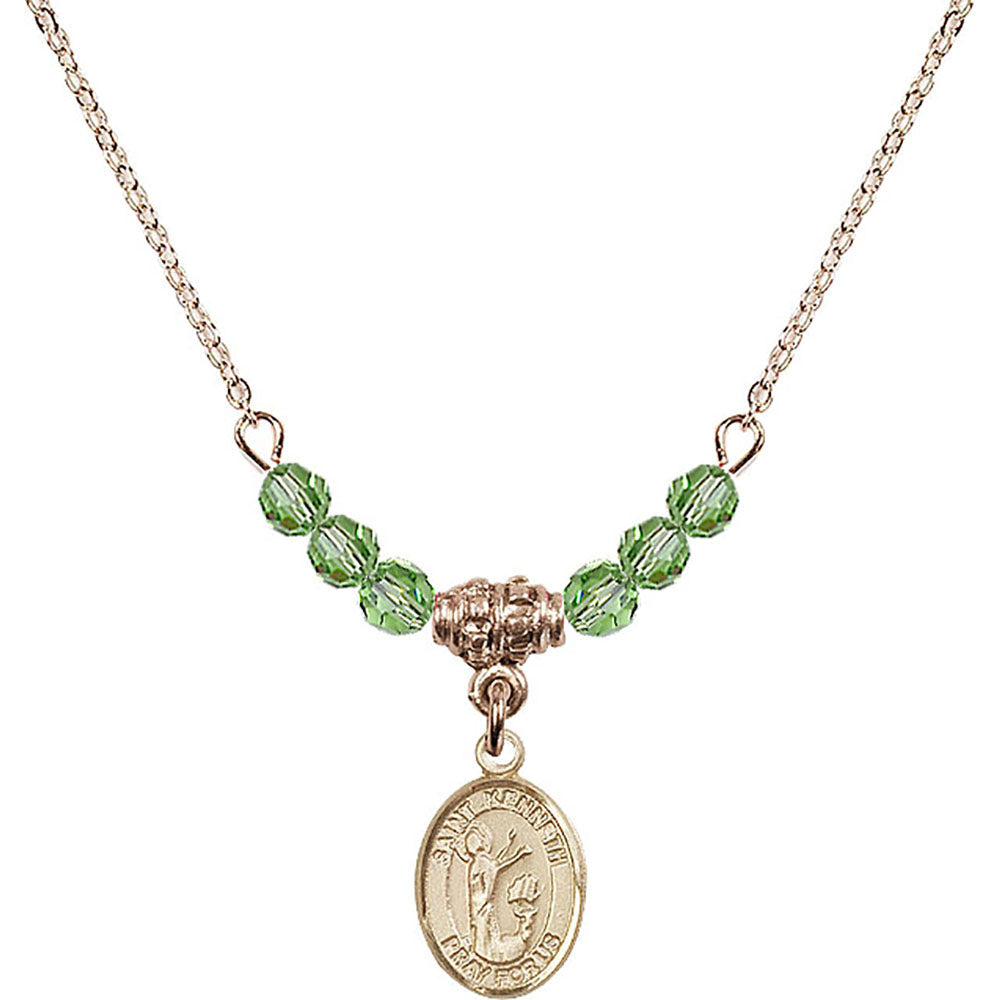 14kt Gold Filled Saint Kenneth Birthstone Necklace with Peridot Beads - 9332