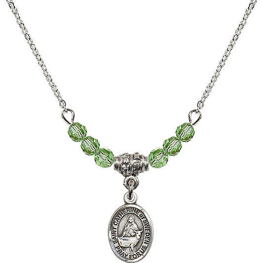 Sterling Silver Saint Catherine of Sweden Birthstone Necklace with Peridot Beads - 9336