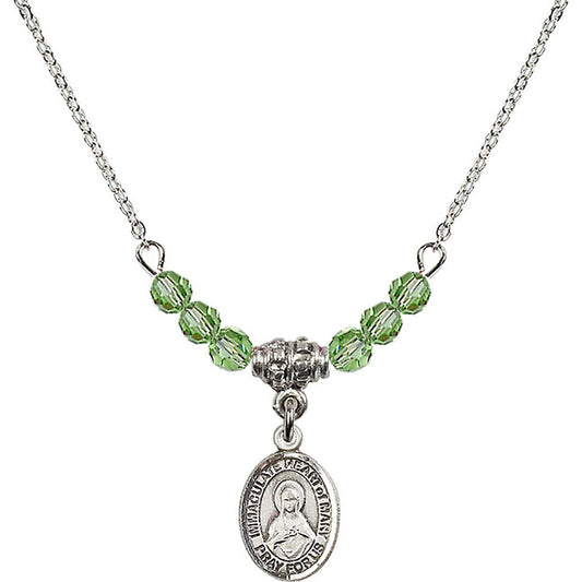 Sterling Silver Immaculate Heart of Mary Birthstone Necklace with Peridot Beads - 9337