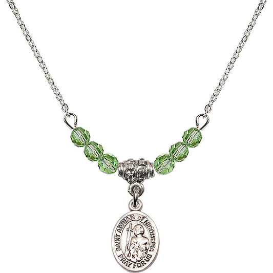Sterling Silver Saint Adrian of Nicomedia Birthstone Necklace with Peridot Beads - 9353