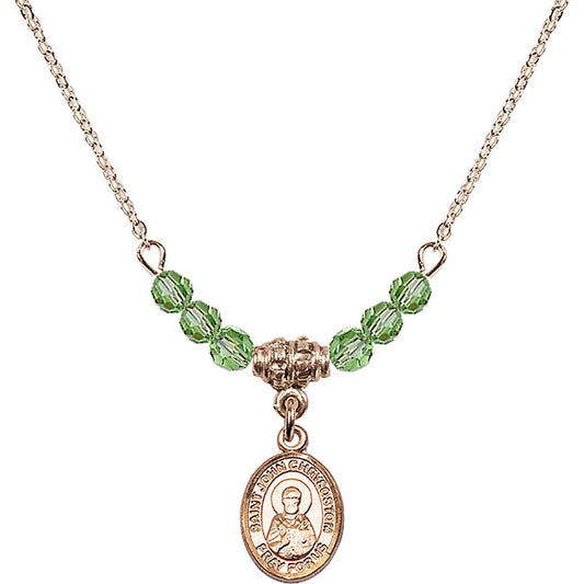 14kt Gold Filled Saint John Chrysostom Birthstone Necklace with Peridot Beads - 9357