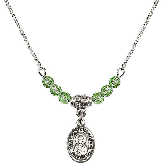 Sterling Silver Saint John Chrysostom Birthstone Necklace with Peridot Beads - 9357