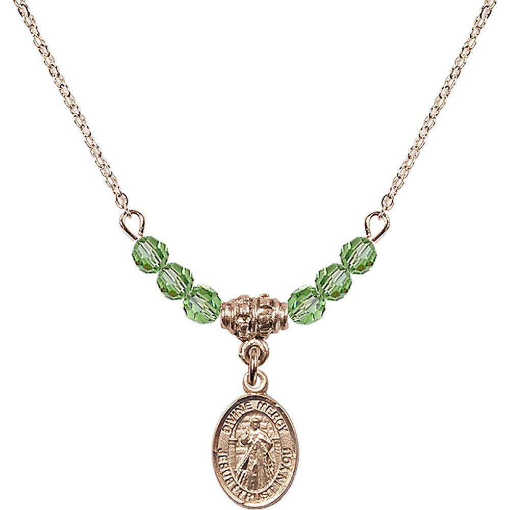 14kt Gold Filled Divine Mercy Birthstone Necklace with Peridot Beads - 9366