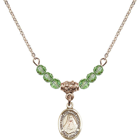 14kt Gold Filled Saint Rose Philippine Duchesne Birthstone Necklace with Peridot Beads - 9371