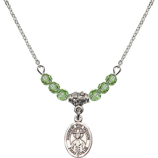 Sterling Silver Saint Andrew Kim Taegon Birthstone Necklace with Peridot Beads - 9373
