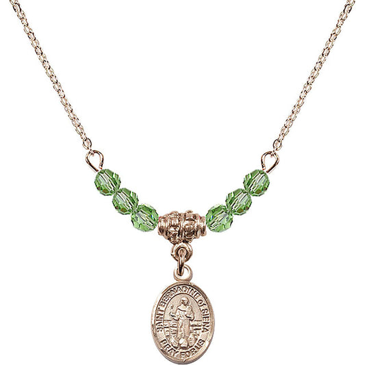 14kt Gold Filled Saint Bernadine of Sienna Birthstone Necklace with Peridot Beads - 9387