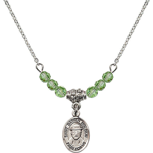 Sterling Silver Saint Damien of Molokai Birthstone Necklace with Peridot Beads - 9412