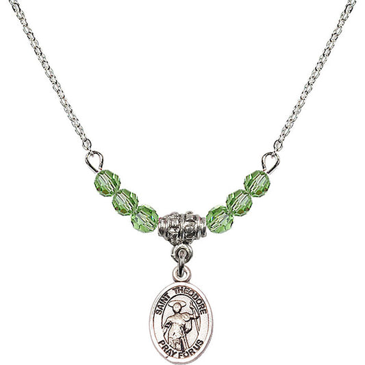 Sterling Silver Saint Theodore Stratelates Birthstone Necklace with Peridot Beads - 9415
