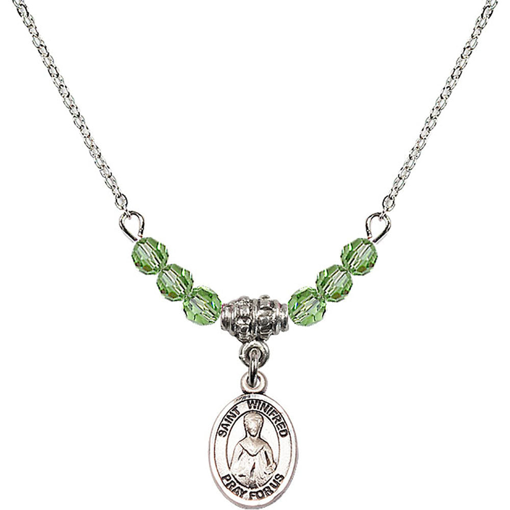 Sterling Silver Saint Winifred of Wales Birthstone Necklace with Peridot Beads - 9419