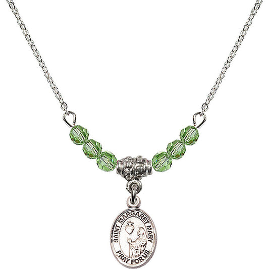 Sterling Silver Saint Margaret Mary Alacoque Birthstone Necklace with Peridot Beads - 9420