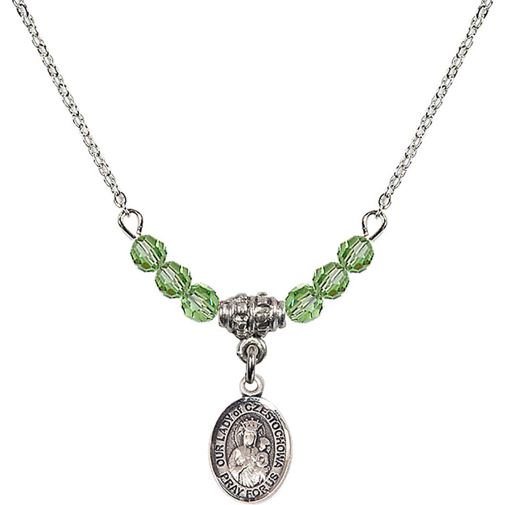 Sterling Silver Our Lady of Czestochowa Birthstone Necklace with Peridot Beads - 9421