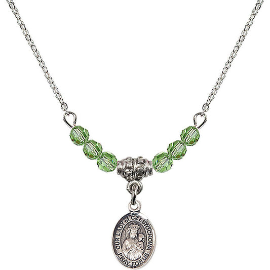 Sterling Silver Our Lady of Czestochowa Birthstone Necklace with Peridot Beads - 9421
