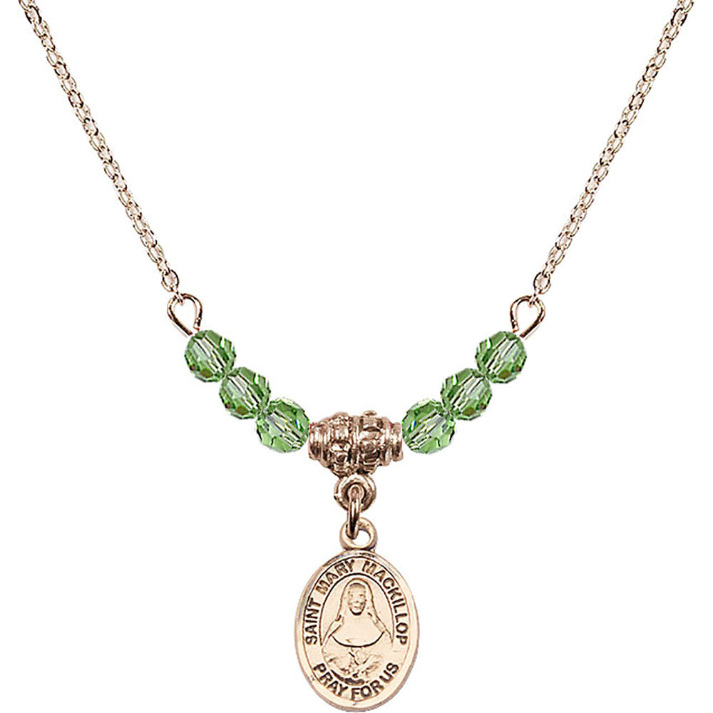 14kt Gold Filled Saint Mary Mackillop Birthstone Necklace with Peridot Beads - 9425