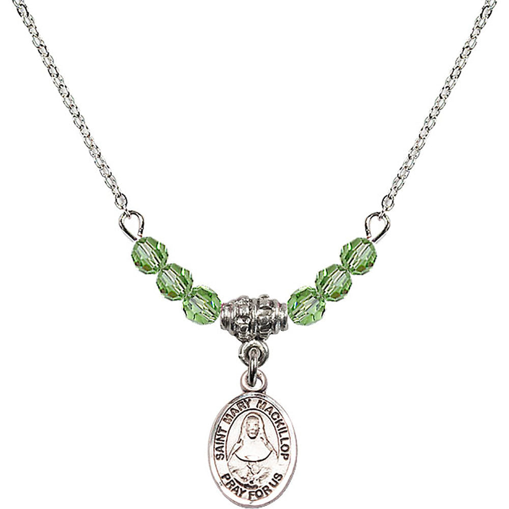 Sterling Silver Saint Mary Mackillop Birthstone Necklace with Peridot Beads - 9425