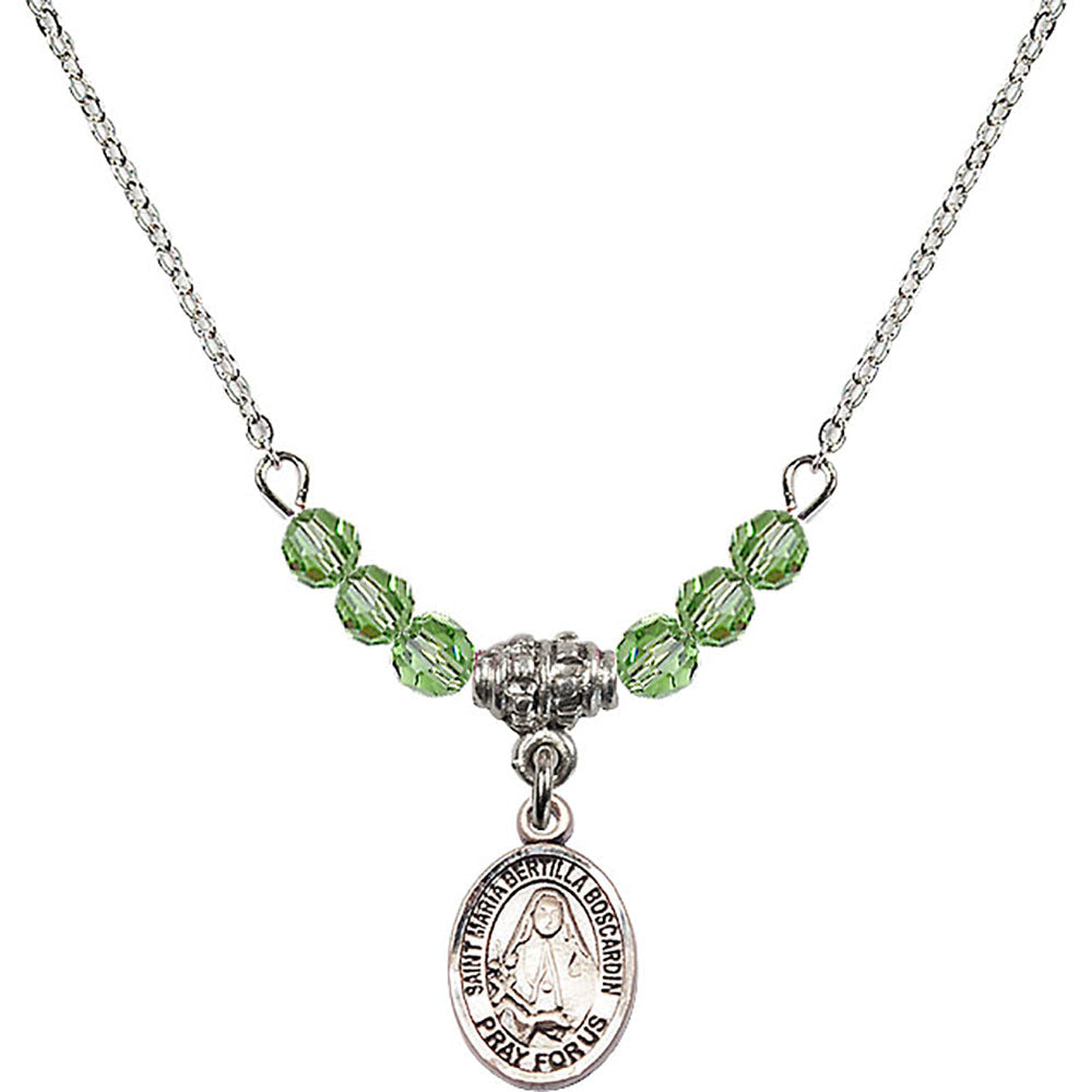 Sterling Silver Saint Maria Bertilla Boscardin Birthstone Necklace with Peridot Beads - 9428