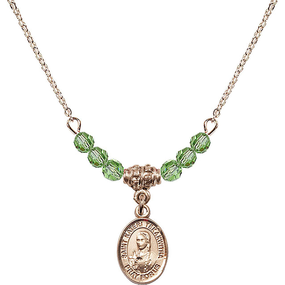14kt Gold Filled Saint Kateri Tekakwitha Birthstone Necklace with Peridot Beads - 9438