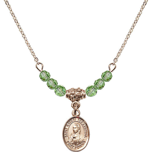 14kt Gold Filled Saint Kateri Tekakwitha Birthstone Necklace with Peridot Beads - 9438