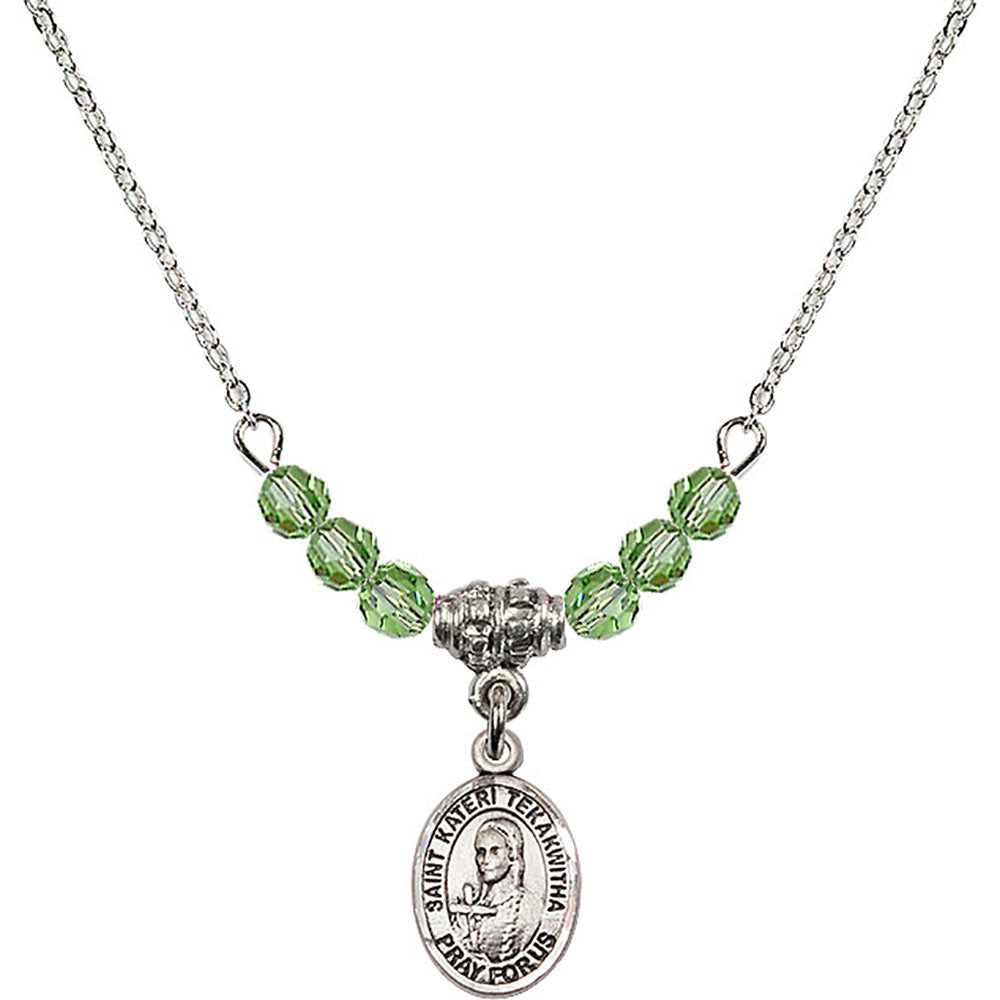 Sterling Silver Saint Kateri Tekakwitha Birthstone Necklace with Peridot Beads - 9438