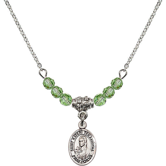 Sterling Silver Saint Kateri Tekakwitha Birthstone Necklace with Peridot Beads - 9438