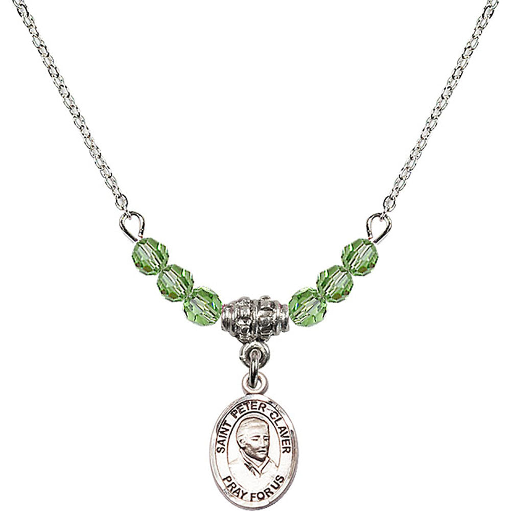 Sterling Silver Saint Peter Claver Birthstone Necklace with Peridot Beads - 9442