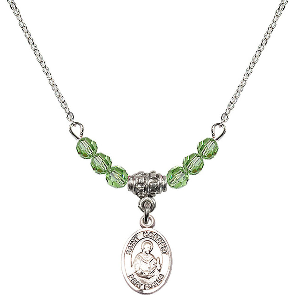 Sterling Silver Saint Norbert of Xanten Birthstone Necklace with Peridot Beads - 9447