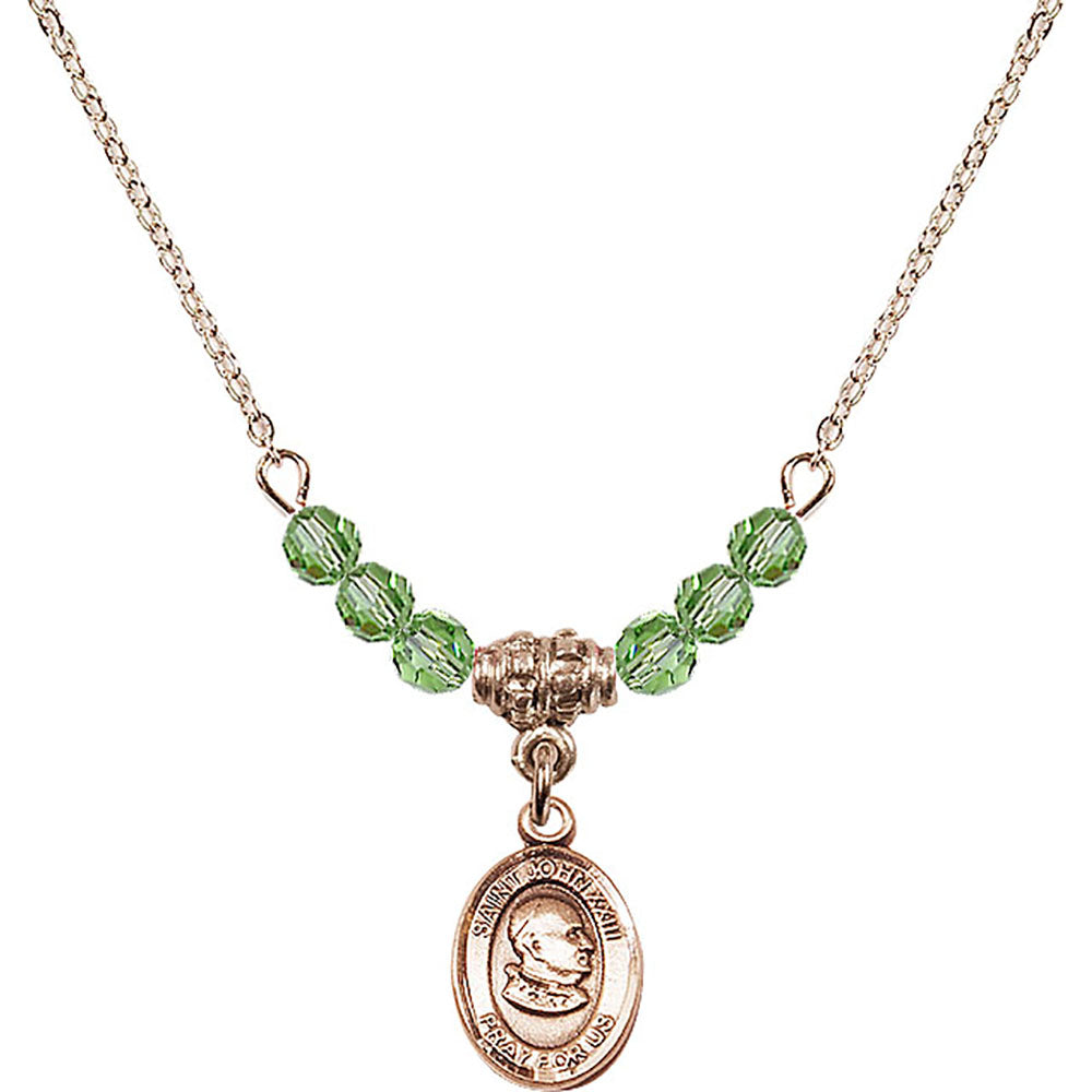 14kt Gold Filled Saint John XXIII Birthstone Necklace with Peridot Beads - 9455