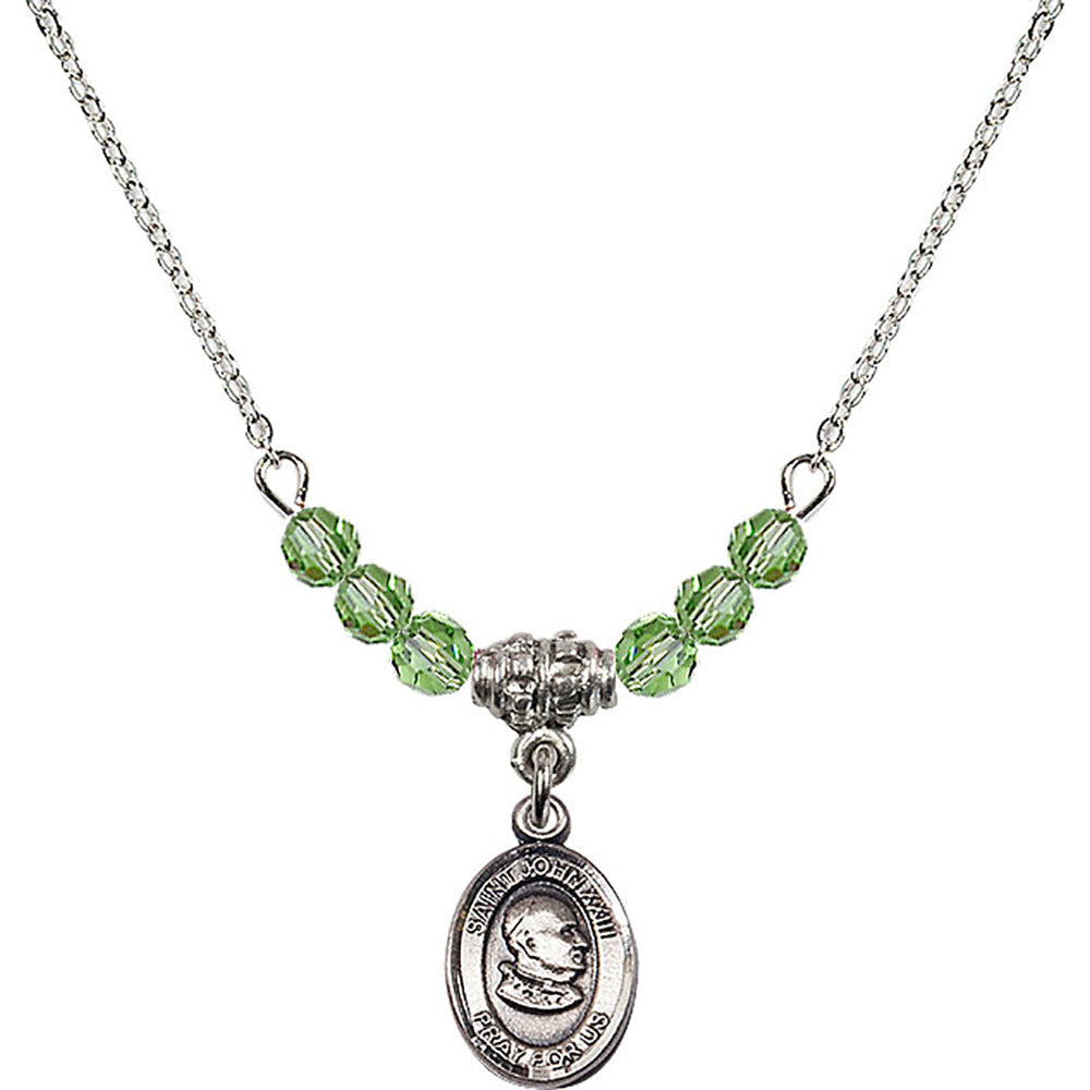 Sterling Silver Saint John XXIII Birthstone Necklace with Peridot Beads - 9455