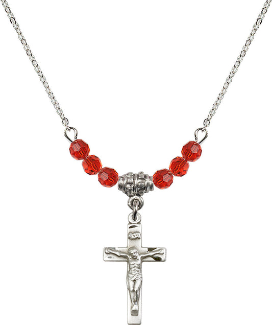 Sterling Silver Crucifix Birthstone Necklace with Ruby Beads - 0001